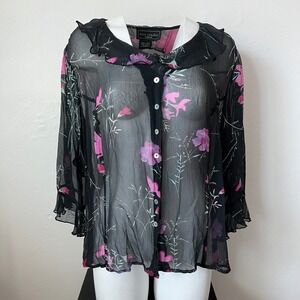 Tess Studio Woman Black 100% Silk Floral Sheer Ruffle Blouse Top Plus Size 2X
